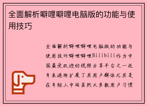 全面解析噼哩噼哩电脑版的功能与使用技巧